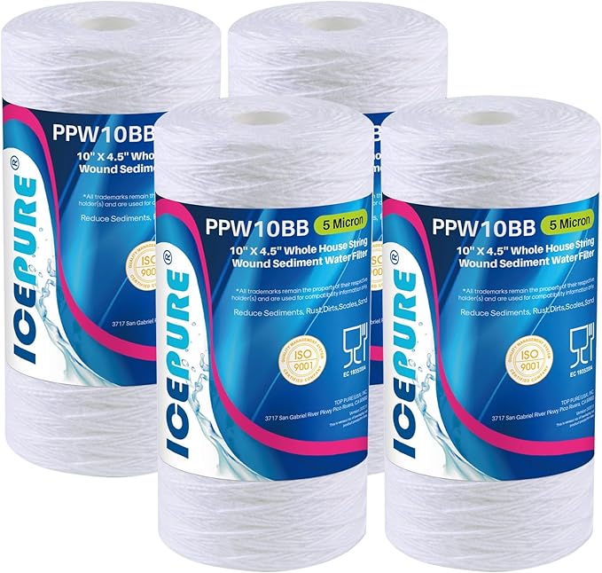 ICEPURE 5 Micron 10”*4.5'' Whole House Sediment String Wound Water Filter Replacement filter for 84637, WPX5BB97P, PC10, 355214-45, 355215-45, WP10BB97P, WP5BB97P, 4PACK