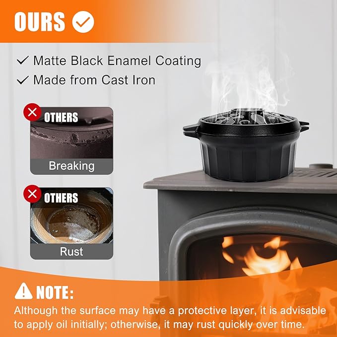 G GOOD GAIN Wood Stove Steamer - Cast Iron Round Bowl Fire Place Stove Humidifier Pot with Large Opening Top for Home Heating Decorative | Matte Finish & 2.7 Quart, Black