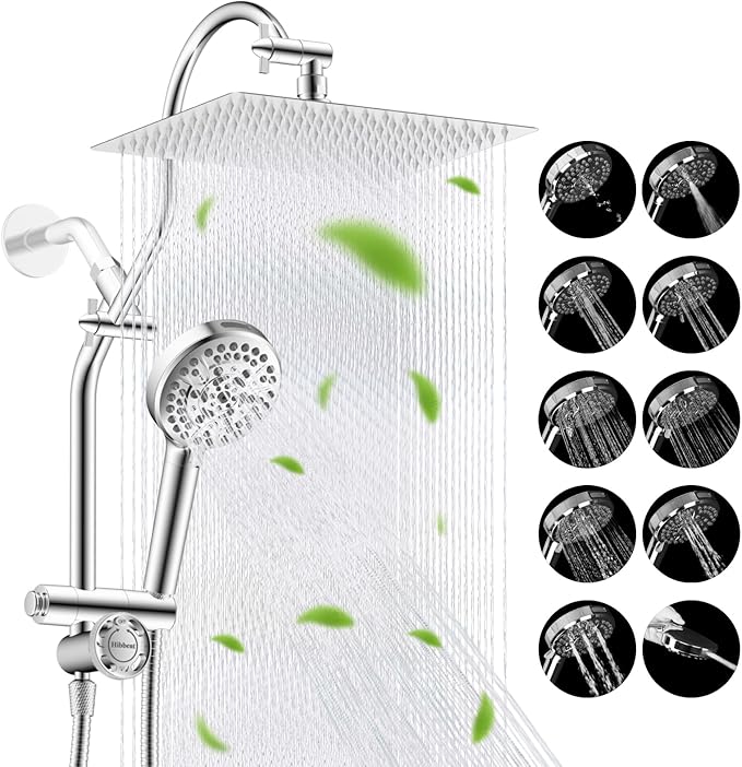 Hibbent Upgraded All Metal 12" Rainfall Showerhead Combo, High Pressure Shower Head with 10-Spray Mode Handheld, 4-way Diverter with Pause Mode, 71'' Shower Hose and Handheld Holder, Chrome