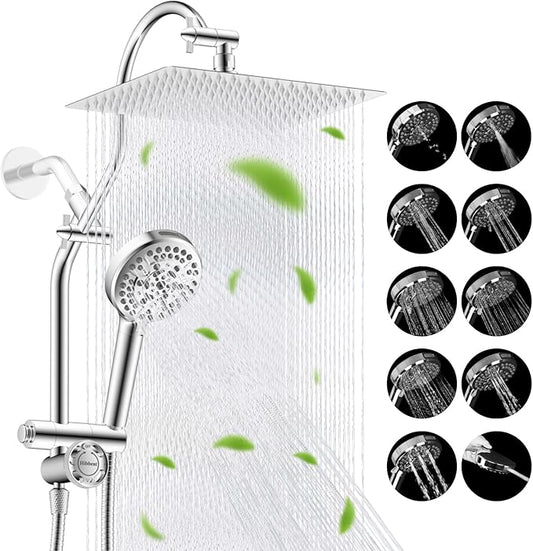 Hibbent Upgraded All Metal 12" Rainfall Showerhead Combo, High Pressure Shower Head with 10-Spray Mode Handheld, 4-way Diverter with Pause Mode, 71'' Shower Hose and Handheld Holder, Chrome