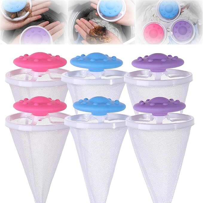 Floating Hair Filtering Mesh, Hair Catcher Washer Machine, Lint Traps for Washing Machine Hose, Hair Filter Cleaning Mesh Bag Dog Cat Hair Remover for Laundry (6pcs)