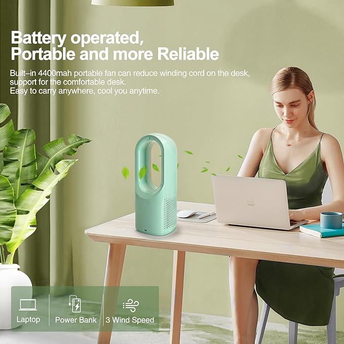 CONBOLA Desk Fan Portable, Battery Operated,Quiet Desktop Fan Bladeless with 3 Cooling Speeds, 11.8 Inch Touch Control Personal Fan for Bedroom, Office, Home, Outdoor (Green)