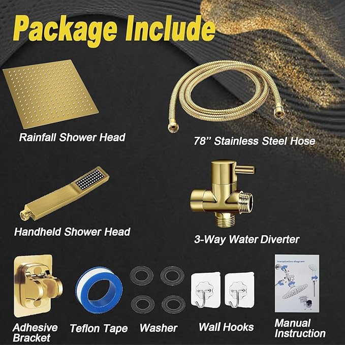 8"High Pressure Square Rain Shower Head and 2-in-1 Hand Shower.Equipped with 78"Hose, 3 Way Diverter Valve,Adhesive Shower Head Holder.(AWAXFOLO Square Shower Head Set gold)