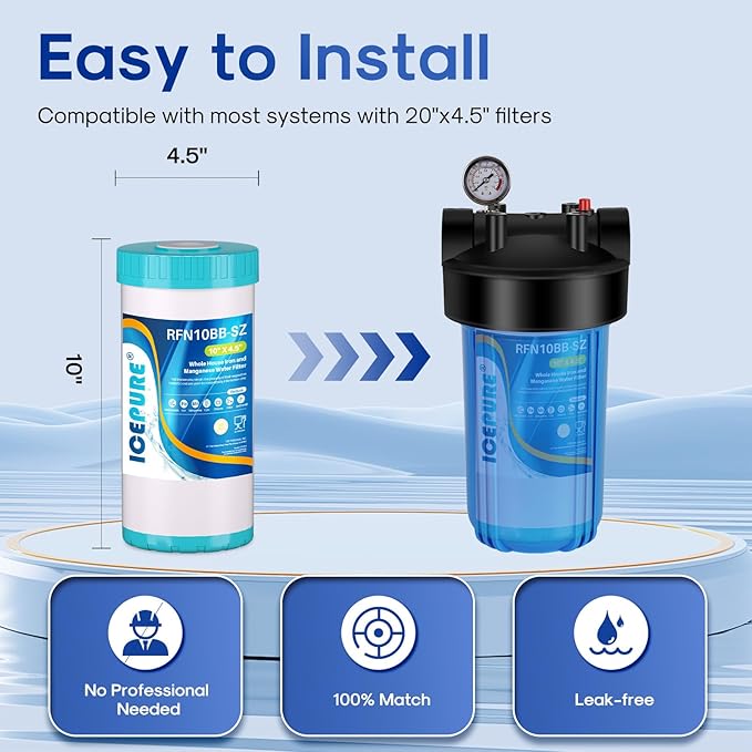 ICEPURE 5 Micron 10" x 4.5" RFN10BB-SZ Whole House Iron & Manganese Reduce Water Filter Replacement for FM15B, WD-WF10F, RFFE10-BB, 10-Inch, 1 Pack