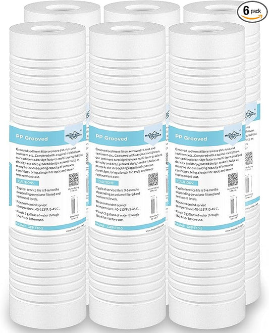 Membrane Solutions Grooved Sediment Water Filter Cartridge (Pack of 6), 1 Micron Whole House Water Filter Universal Replacement 10"x2.5" for 10 inch RO Unit, Whole House Under-Sink Filtration System