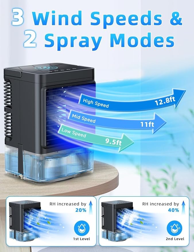 Small Air Conditioner w/ 3 Speeds&3 Modes, Remote, 1100ML Tank Humidifier, 8-Cube Ice Tray, 120° Oscillating, 4 IN 1 Portable Air Conditioners, 7-Color Light, 4H Timer Desk AC Unit for Bedroom