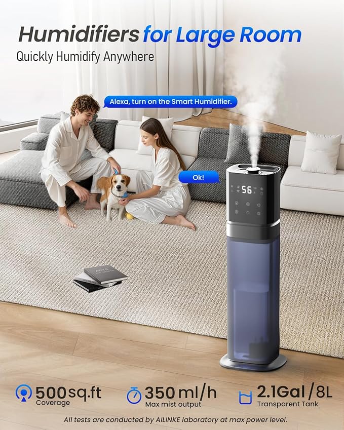 Smart Humidifier Large Room, 2.1Gal/8L Humidifiers for Bedroom with Extended Tube&Night Light, Whole House Cool Mist Humidifiers, WIFI App&Voice Control, School/Office/Warehouse, Dark Blue