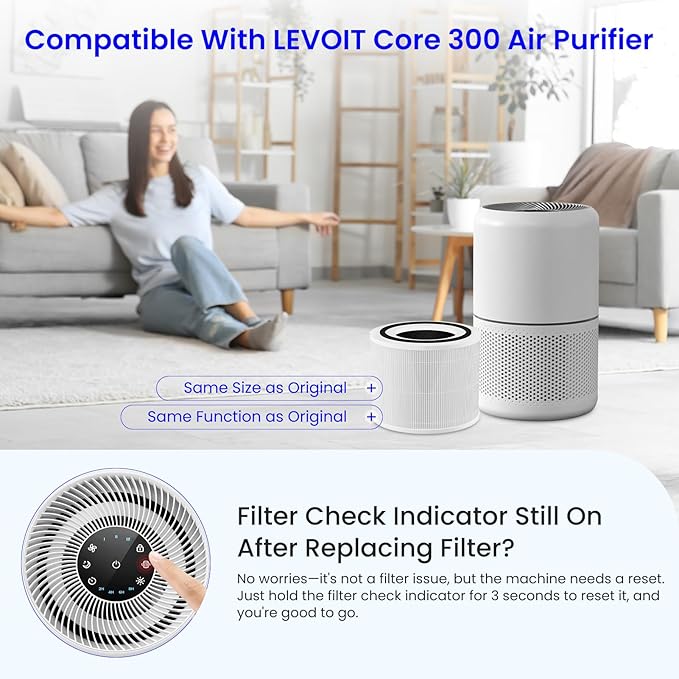 2-Pack Core 300 Replacement Filter Compatible with LEVOIT Core 300 and Core 300S Air Purifier, H13 True HEPA & Activated Carbon, Replace Core300-RF, White