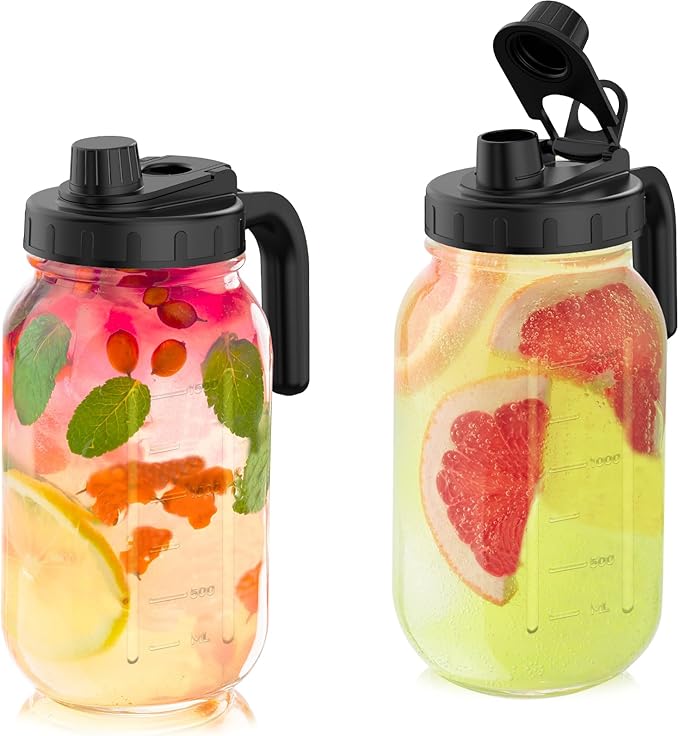 2 Pack 64oz Glass Mason Jar Pitchers with Wide Mouth & Measurement Marks – Leak-Proof Twist Lids for Cold Brew, Iced Tea, Juice, Lemonade