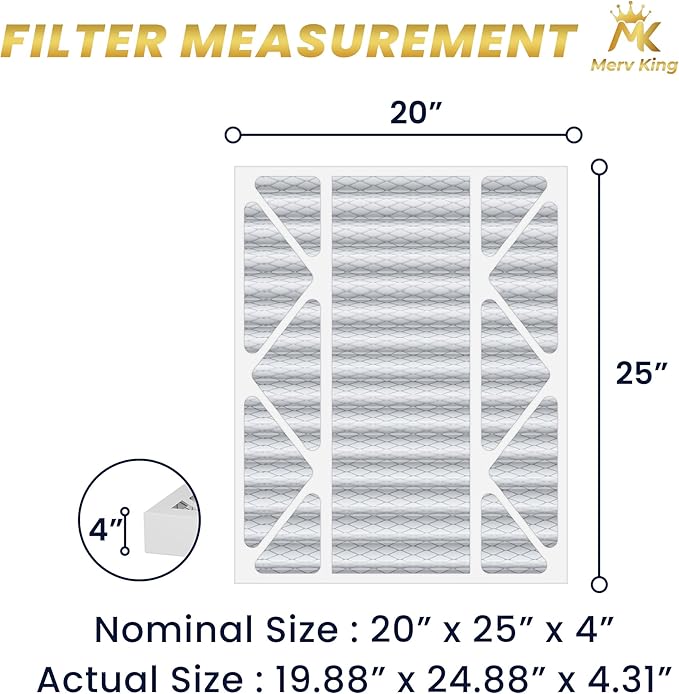 MervKing 20x25x4 Air Filter Actual Size: 19.88" x 24.88" x 4.31" MERV 8 MPR 600-700 | MADE IN USA | 4-Pack | Pleated HVAC AC Furnace Replacement