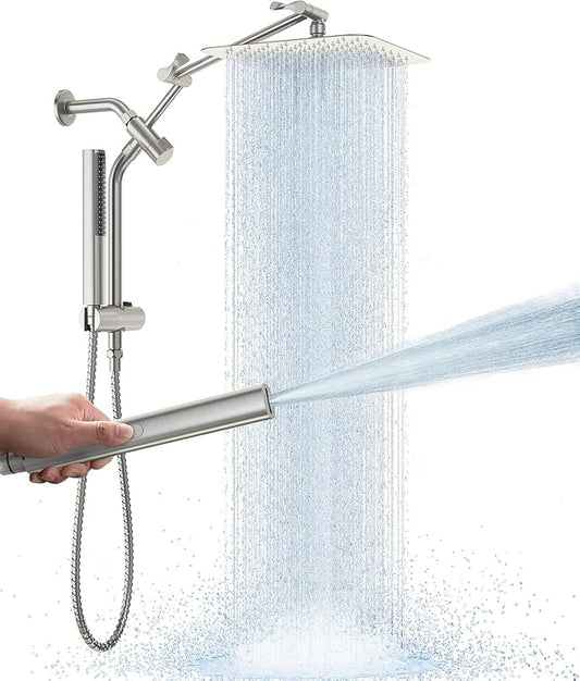 Veken 10" Luxurious Brushed Nickel All Metal Rain Shower Head with Handheld Spray Combo, High Pressure Rainfall Square Shower Heads with Extension Arm, Wide Dual Showerhead, Bathroom Accessories