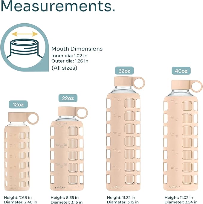 purifyou 40oz / 32oz / 22oz / 12oz Borosilicate Glass Water Bottle with Time & Volume Markers, Silicone Sleeve, Stainless Steel Lid | Reusable Glass Bottle for Water & Juice (40oz Hazelnut)