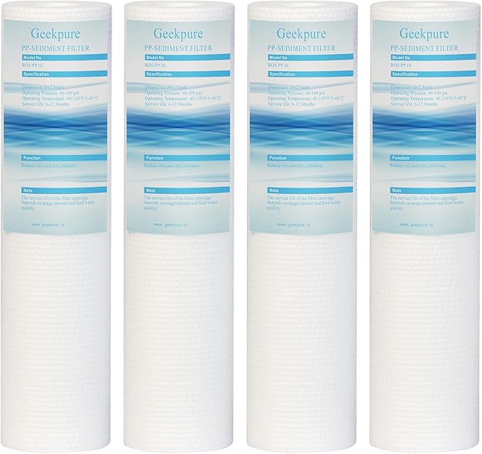 Geekpure 10 Inch PP Polypropylene Sediment Replacement Filter for RO Water Filtration-2.5" x 10" -5 Micron-Pack 4