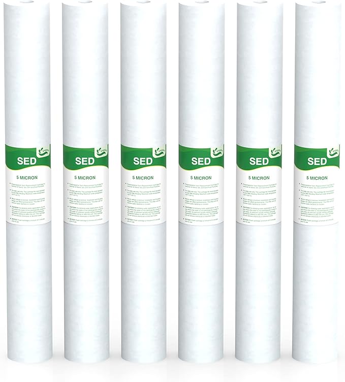 5 Micron Water Filter 20" x 2.5" Replacement Cartridge, 20-inch Sediment Pre-Filters for Whole House Water Filtration/Water Softener Systems, 6-Pack