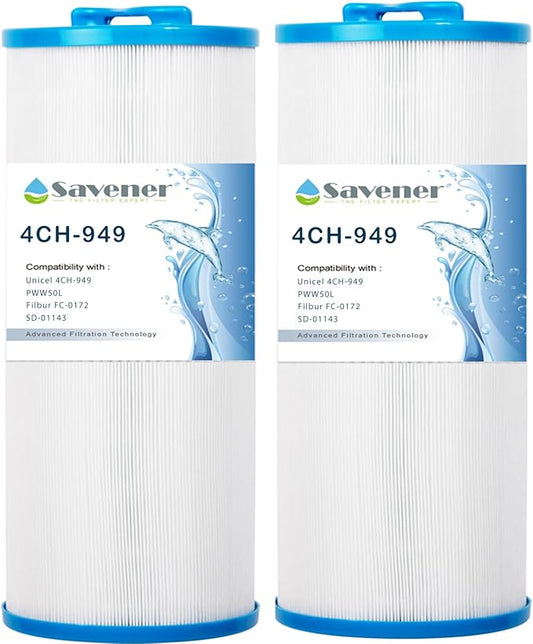 4CH-949 Spa Filter Replaces Unicel 4CH-949, PWW50L, Filbur FC-0172, SD-01143, 817-4050, Rising Dragon 50, Waterway Teleweir 50 sqft Filter Cartridge 2 Pack