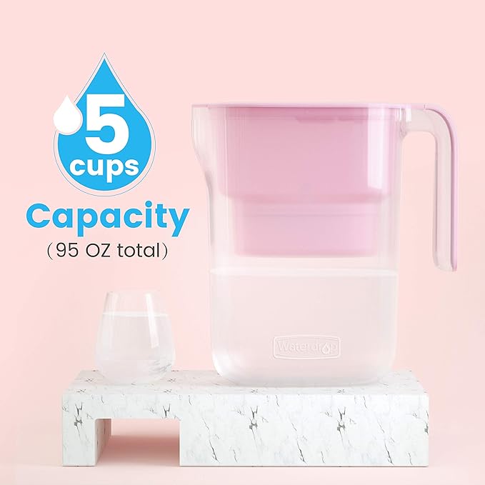 Waterdrop Water Filter Pitcher with 4 Filters, 5X Times Lifetime, Lasts 200 Gallons, for Fridge and Kitchen, Reduces PFOA/PFOS, Chlorine, 7-Cup Capacity, Elfin, Pink