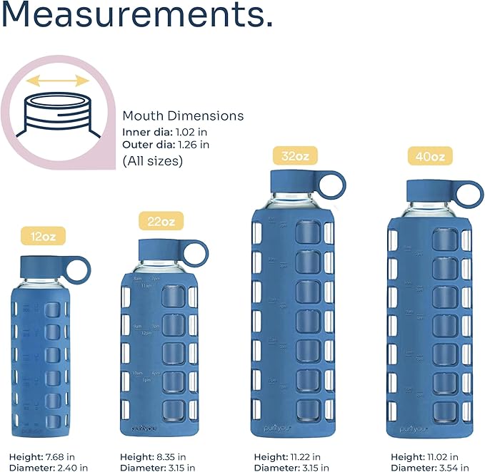 purifyou 40oz / 32oz / 22oz / 12oz Borosilicate Glass Water Bottle with Time & Volume Markers, Silicone Sleeve, Stainless Steel Lid | Reusable Glass Bottle for Water & Juice (12oz Chinese Porcelain)