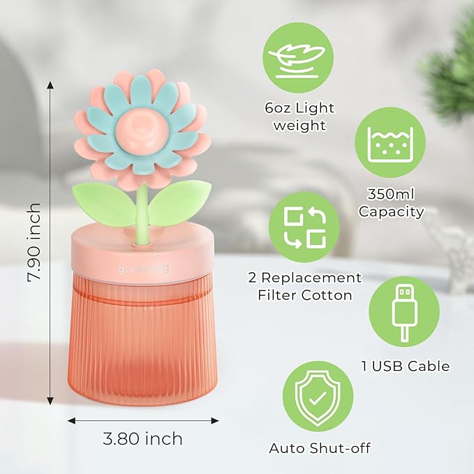 Cute Flower Mini Humidifier, 260ml Sunflower Portable Small Humidifier, Desktop Humidifiers Cool Mist Humidification for Home, Bedroom, Baby Nursery, Office & Indoor Plants, USB Powered (Pink)