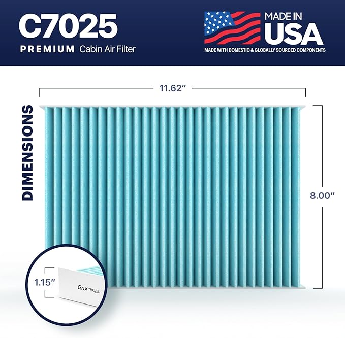BNX TruFilter C7025 Cabin Air Filter, HEPA 99.97%, MADE IN USA, Compatible With Audi: A4, A4 Quattro, RS4, S4