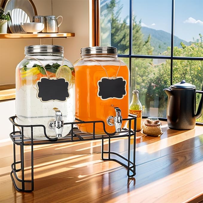 1 Gallon Glass Drink Dispensers, 2 Pack Clear Beverage Dispenser with Stand and Spigot for Parties, Drink Dispenser with Ice Core and Sticker for BBQ, Picnic, Lemonade Dispenser