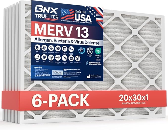 BNX TruFilter 20x30x1 Air Filter MERV 13 (6-Pack) - MADE IN USA - Electrostatic Pleated Air Conditioner HVAC AC Furnace Filters for Allergies, Pollen, Mold, Bacteria, Smoke, Allergen, MPR 1900 FPR 10