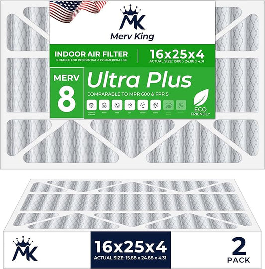 MervKing 16x25x4 Air Filter Actual Size: 15.88" x 24.88" x 4.31" MERV 8 MPR 600-700 | MADE IN USA | 2-Pack | Pleated HVAC AC Furnace Replacement