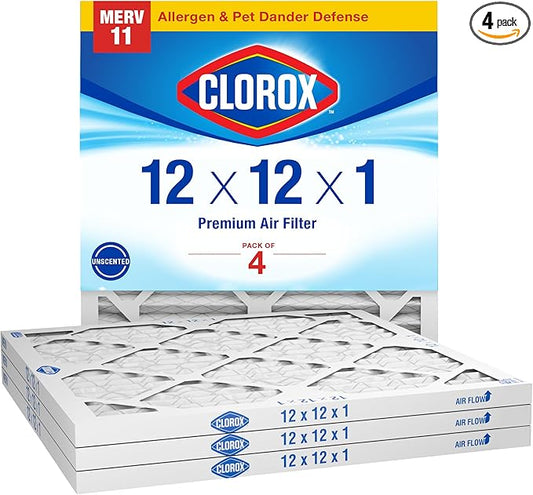 Clorox 12x12x1 Air Filter, MERV 11 Pleated HVAC AC Furnace Air Filters, MPR 1000 & FPR 7 – Pack of 4