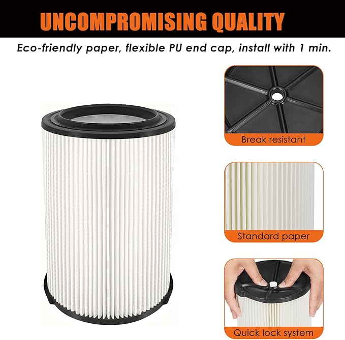 VF4000 Replacement Filter for Ridgid Shop Vacuums 5-20 Gallon, Universal VF4200 Filter Fits Rigid Wet Dry Vac/Husky Shop Vacuum Filter 6-9 Gallon with Foam Sleeves-2 Pack