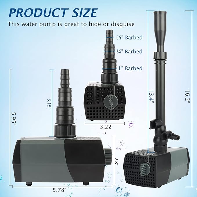 WaterRebirth HSUP2100F Versatile Submersible Pump - Fountain Jets for Ponds, Fish Tanks, Water Gardens - Aquarium & Pond Pump (2100L/H)