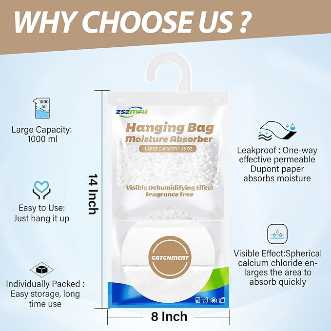 ZSZMFH 8 Pack Moisture Absorber Hanging Bags, Fragrance Free Humidity Packs, 15 OZ Dehumidifier Bags Effectively Trap Extra Moisture,Hanging Closet Dehumidifier Bags-425g/pack