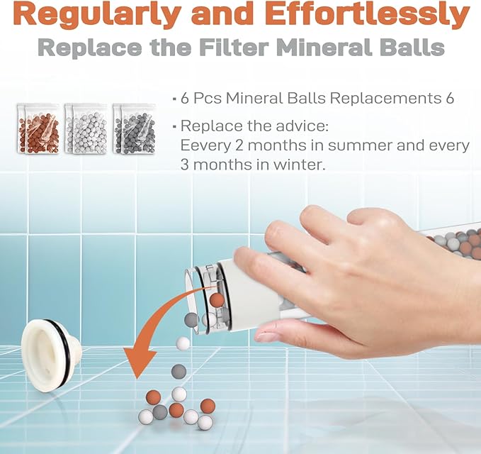 YDmeet Filtered Handheld Shower Head with Long Metal Hose Set, 3-Mode Spray Setting, Extra 6 Packs Replacement Mineral Balls for Refills, Chrome