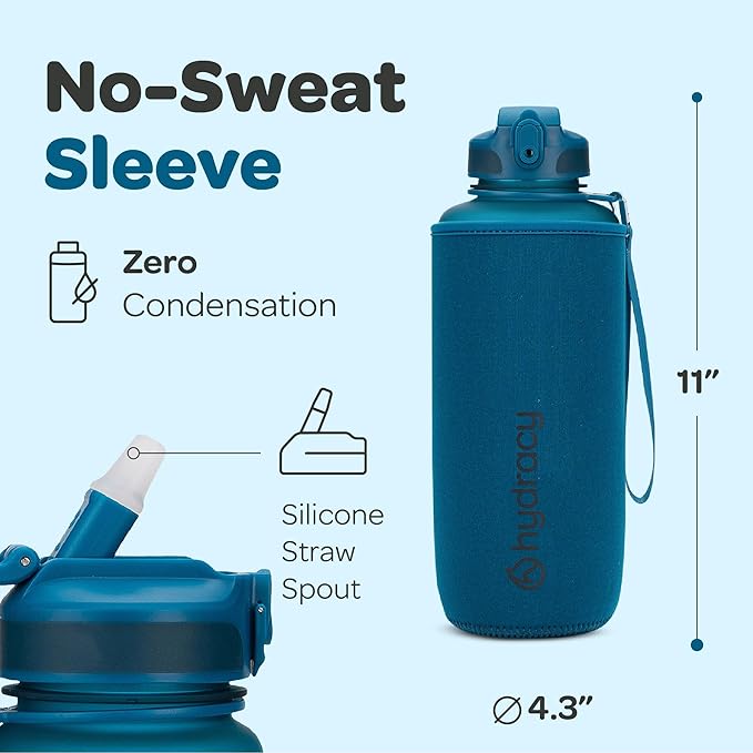 Hydracy Water Bottle with Time Marker -Large BPA Free Water Bottle & No Sweat Sleeve -Leak Proof Gym Bottle with Fruit Infuser Strainer & Times to Drink -Ideal for Fitness Sports & Outdoors