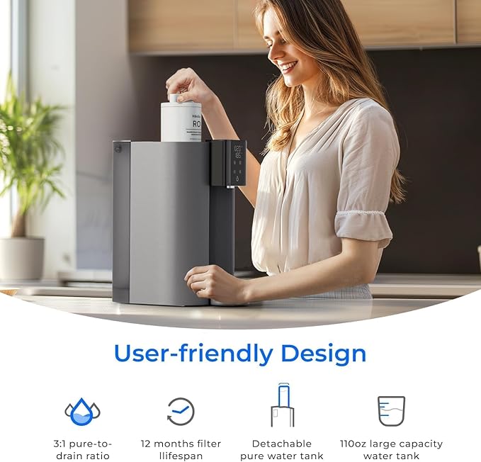 [ Instant Hot ] Waterdrop C1-G Countertop Reverse Osmosis System, NSF/ANSI 58&372 Certified, 6 Stage Hot RO Water Filter, No Installation Required, 3:1 Pure to Drain, Glass Bottle Included