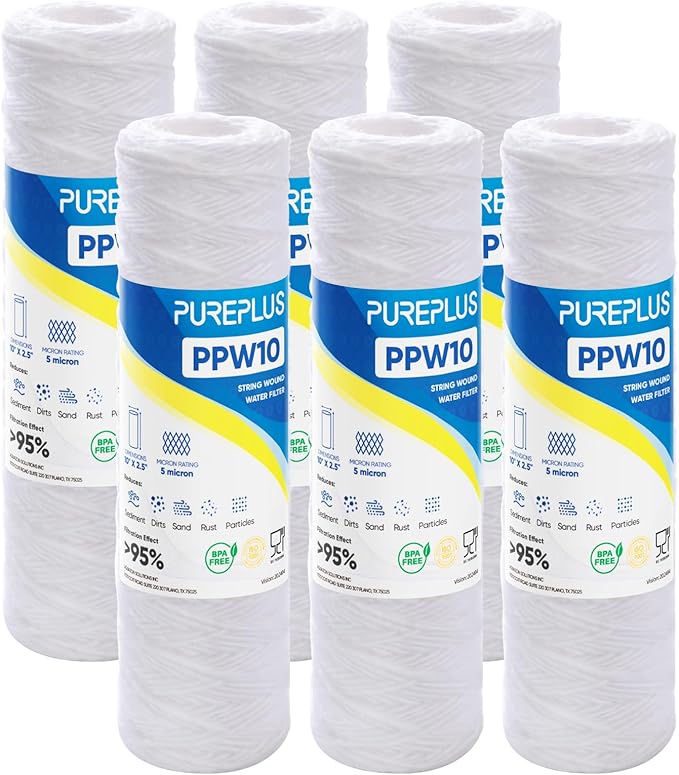 PUREPLUS 5 Micron 10"x2.5" Whole House String Wound Sediment Filter for Well Water, Replacement Cartridge for Universal 10 inch RO System, WP-5, Aqua-Pure AP110, CFS110, Culligan P5, WFPFC4002, 6Pack