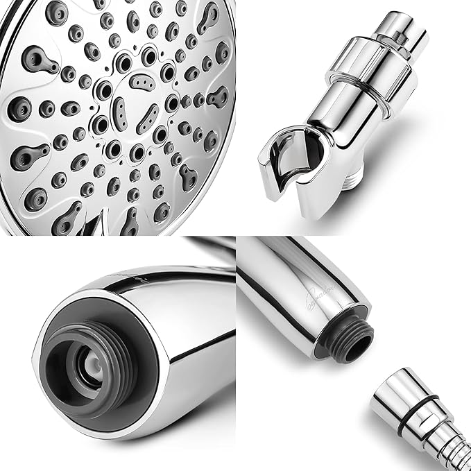 Handheld Shower Head, 6" Chrome Face 6 Spray Setting Shower Head with High Pressure, Brass Swivel Ball Mount and Extra Long Flexible Stainless Steel Hose