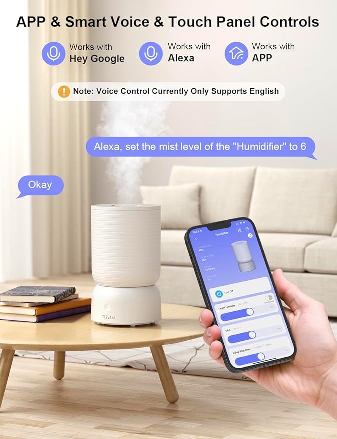 CLEVAST Smart Humidifier for Bedroom 3L, Top Fill Cool Mist, Essential Oil Diffuser, App & Voice Control, Works with Alexa & Google Assistant, Quiet, Auto Shut-Off, Baby Nursery Home Office Large Room