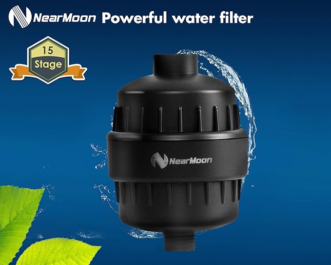 NearMoon Shower Head and 15 Stage Shower Filter Combo, High Pressure Filtered Shower for Hard Water, Improves the Condition of Your Skin, Hair (6 Inch, Black)