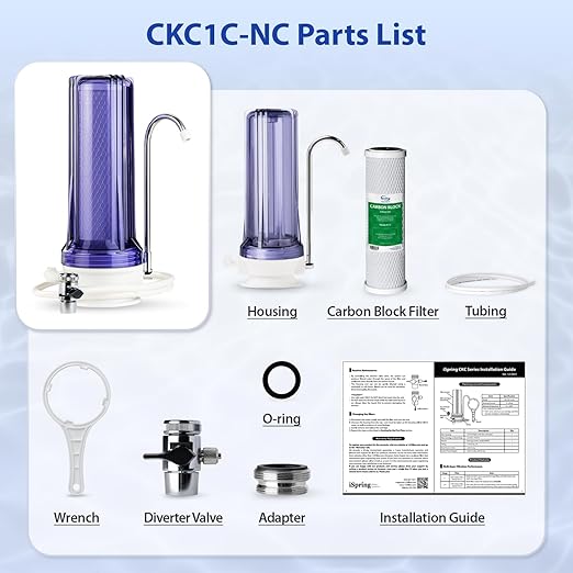 iSpring CKC1C Countertop Drinking Water Filtration System with Carbon Filter, 2.5" x 10", Clear
