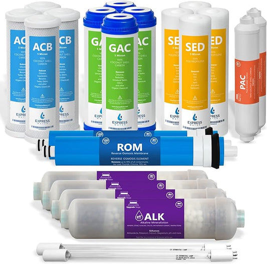 Express Water – 2 Year Reverse Osmosis System Filter Set – 22 Filters with 100 GPD RO Membrane, Carbon GAC ACB PAC, Sediment SED, Alkaline, and UV Filters – 10 inch Size Replacement Water Filters…