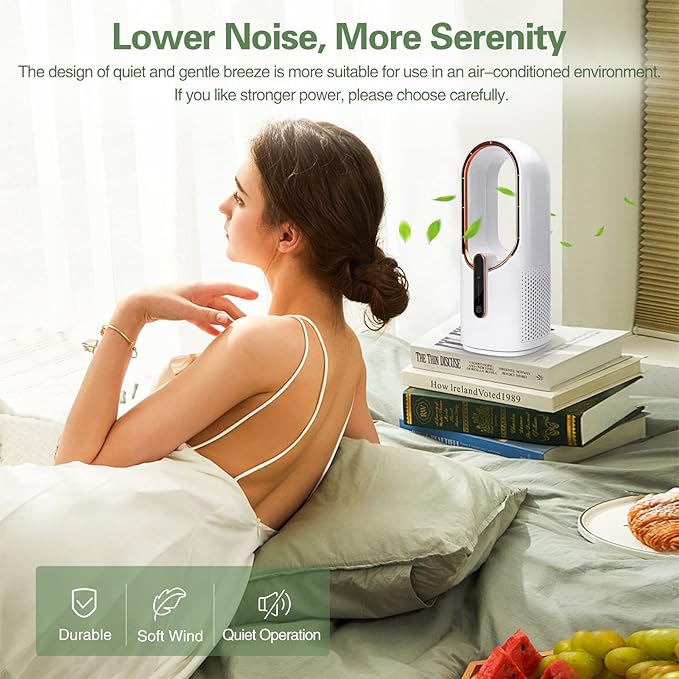 CONBOLA Desk Fan Small Quiet, Battery Operated Portable, Bladeless Desktop Fan with 3 Cooling Speeds, 11.8 Inch Touch Control Personal Fan for Bedroom, Office, Home, Outdoor (White)