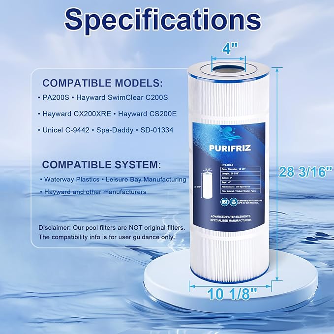PA200S Pool Filter Compatible with Hayward CX200XRE, Hayward SwimClear C200S, PA200S, Ultral-D5, Upgraded Fabric 200 Sq. Ft, L x OD:28 3/16" x 10 1/8", 1-Pack