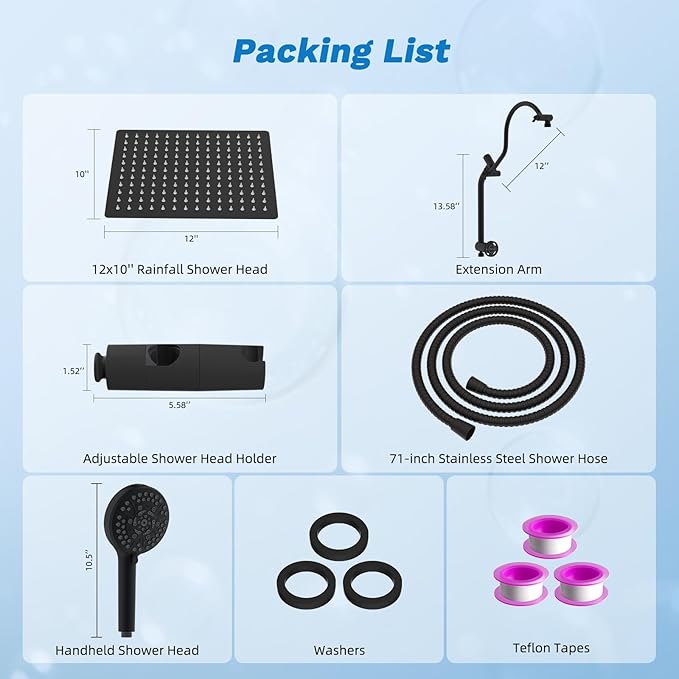 Hibbent Upgraded All Metal 12" Rainfall Showerhead Combo, High Pressure Shower Head with 10-Spray Mode Handheld, 4-way Diverter with Pause Mode, 71'' Shower Hose and Handheld Holder, Matte Black