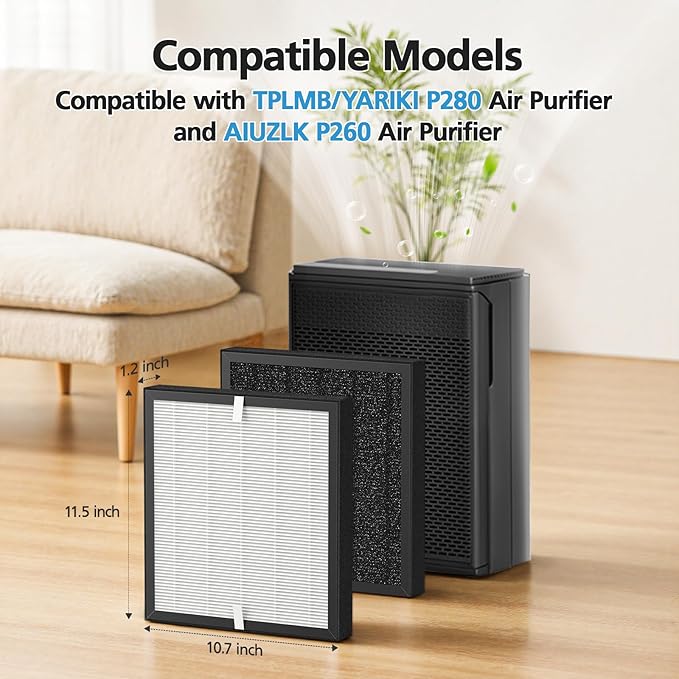 2 Pack P280 P260 Replacement Filter Compatible with TPLMB/YARIKI P280 and AIUZLK P260 Air Purifier, Efficient Air Filter, 3-in-1 Nylon Pre-Filter, HEPA Filter and High-Efficiency Carbon
