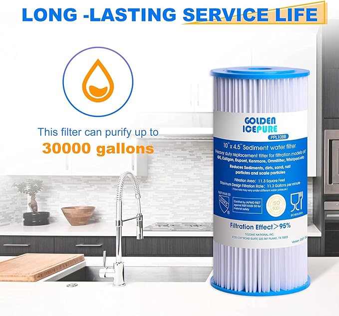 GOLDEN ICEPURE PPL10BB, 5 Micron 10" x 4.5" Whole House Sediment Pleated Water Filter, Compatible with DuPont WFHDC3001, GE FXHSC, Culligan R50-BBSA, R50-BB, W50PEHD, GXWH40L, CP5-BBS 2-PACK
