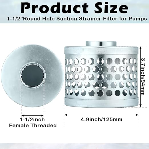 1-1/2 Inch Round Hole Suction Strainer Filter Carbon Steel Plated Npt Thread Hose Water Pump Inlet Strainer for Remove Debris Trash Reduces Solids Entering