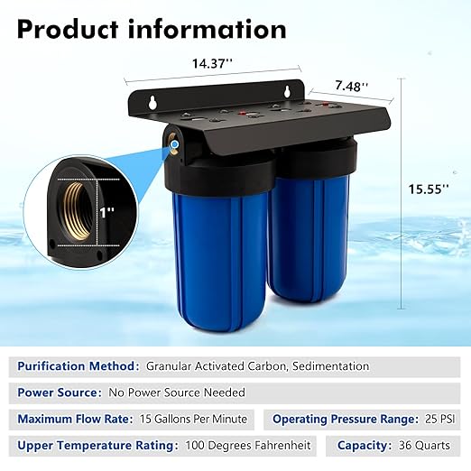 Whole House Water Filter System with Carbon and Sediment Filters, 5-Stage Filtration, Reduces Lead, Chlorine, Odor & Taste, 1" Inlet/Outlet