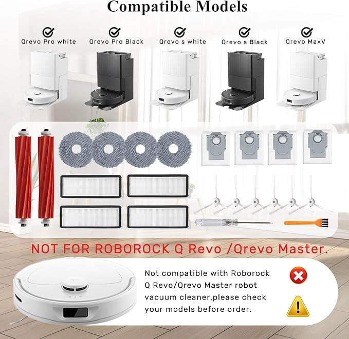 Accessories Kit for Roborock Qrevo S/Qrevo Plus/Qrevo Pro/Qrevo MaxV 【Not for Q Revo】Robot Vacuum, 2 Main Brush Roller, 4 Hepa Filters,4 Mop Pads, 4 Dust Bags, 6 Side Brush, 22 Pack Replacement Parts