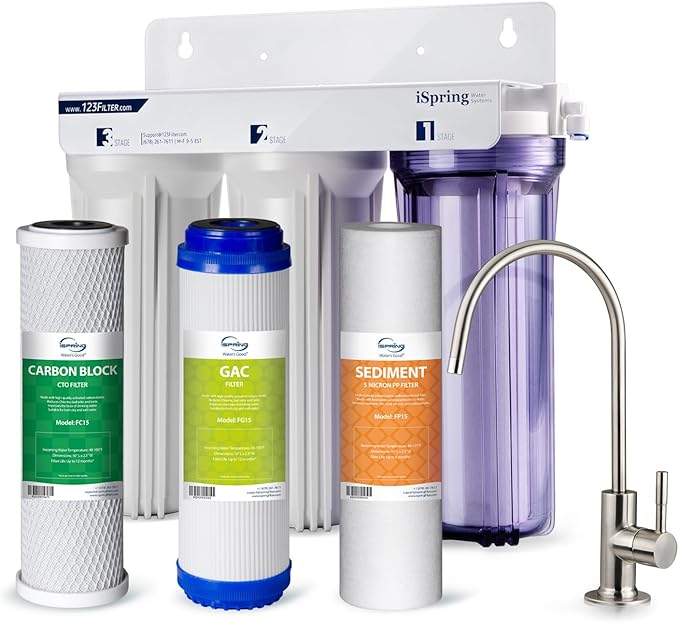 iSpring US31 Classic 3-Stage Under Sink Water Filtration System for Drinking, Tankless, High Capacity, Sediment + GAC + Carbon