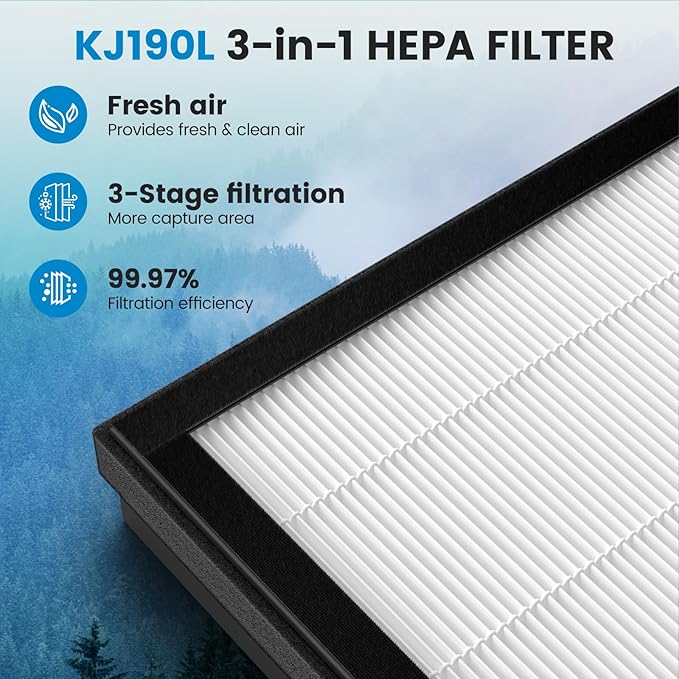 3 Pack KJ190L Filter Replacement Compatible with MOOKA KJ190L Air Purifier For Home Large Room 2000 Ft², 3 HEPA Filters and 6 Washable PreFilters Pet Air Purifier Filters for Bedroom