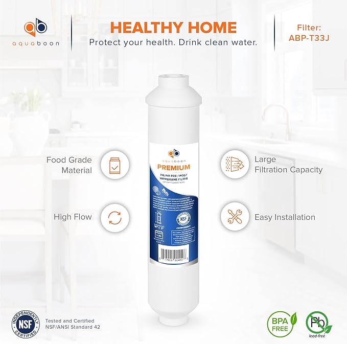 Aquaboon T33 Inline Carbon Filter - 1/4 Inline Water Filter for Refrigerator T33 Inline Ro Post/Granular Activated Carbon (GAC) Polishing Water Filter Cartridge for Reverse Osmosis System 6-Pack